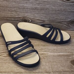Crocs navy blue wedges woman slide sandals size 11